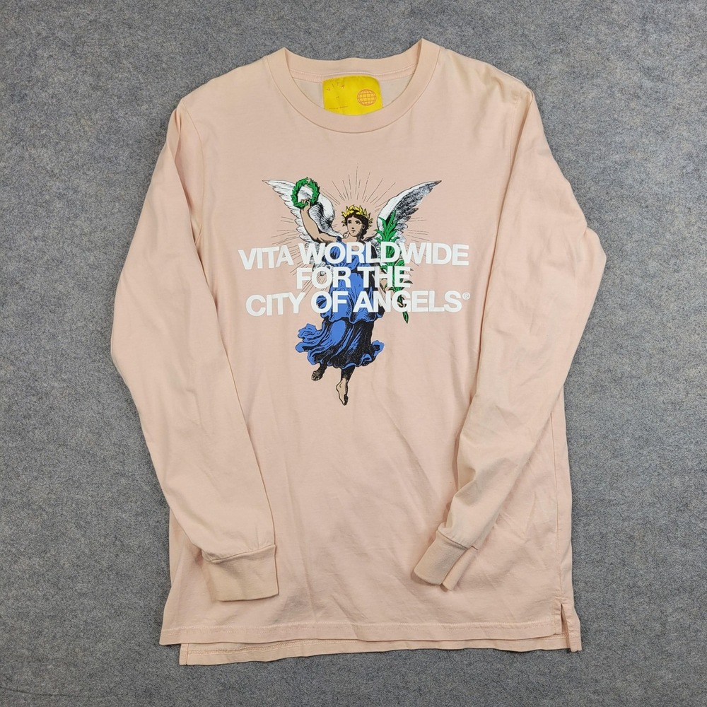 VITA‎ Shirt Mens Medium Pink Long Sleeve City Of Angels Angel Graphic Logo Tee